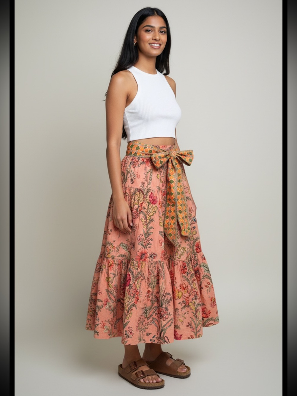 NWT Floral Tiered Maxi Skirt in Peach with Contrast Belt